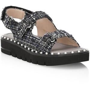 Stuart Weitzman Zoe Lift Tweed Embellished Black Slingback Sandals Size 10.5B